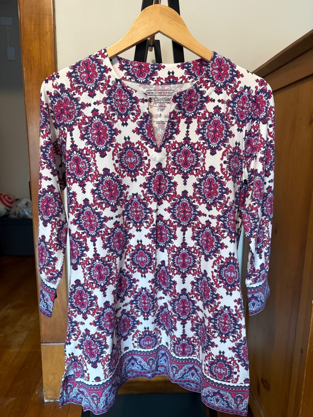 Coolibar Women's White Tunic with Pink & Purple Medallion Print